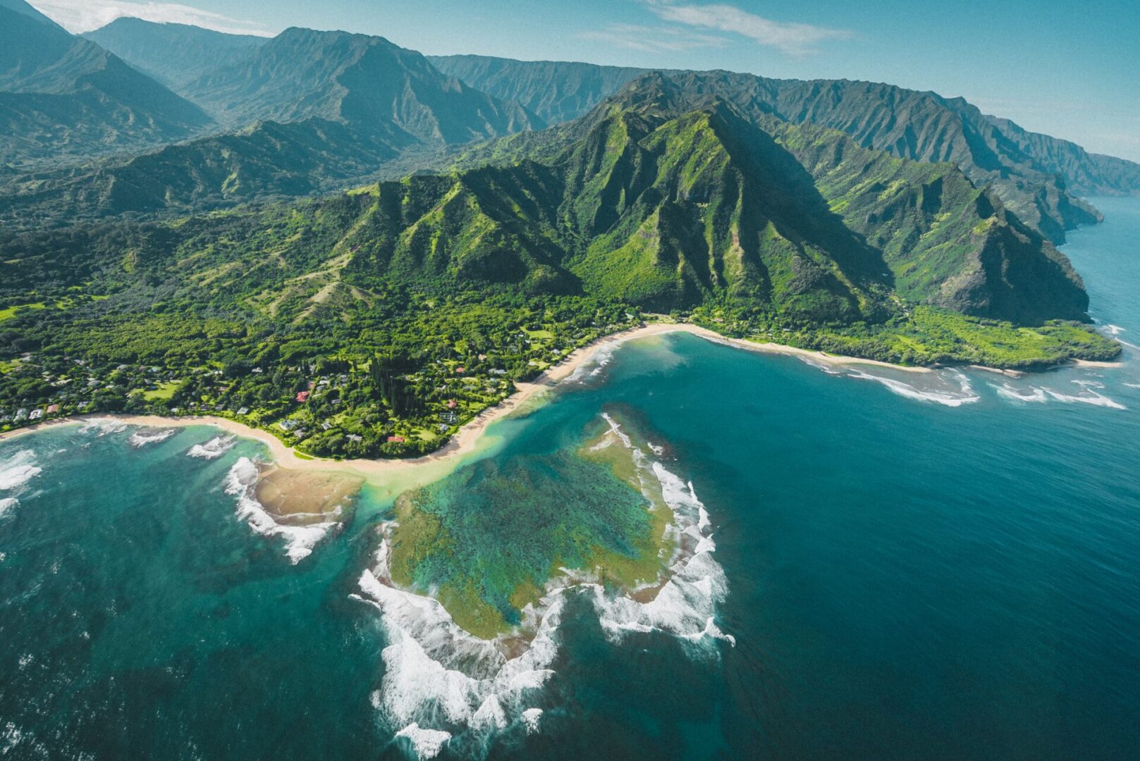 a top view of the coastline and mountains of Hawaii